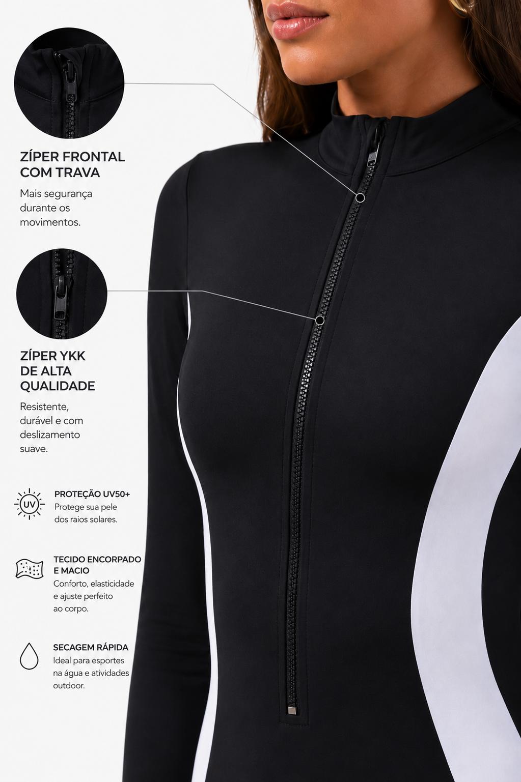 Wetsuit Cavado Bicolor - detalhe do zíper frontal com trava