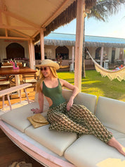 Calça Pantalona Estampada Geométrica Verde