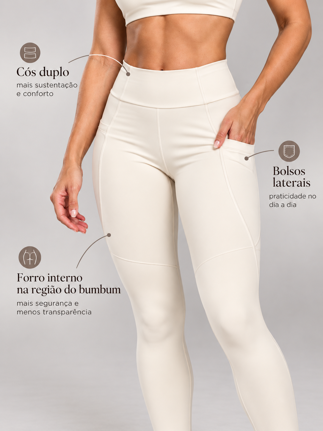 Calça Legging Essencial | Cós Alto com Bolso Lateral Off White